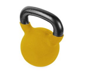 Image of One golden kettlebell isolated on white. Workout equipment