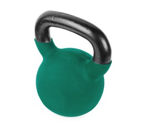 Image of One teal kettlebell isolated on white. Workout equipment