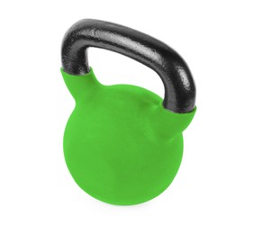 Image of One light green kettlebell isolated on white. Workout equipment