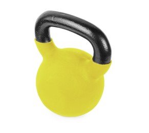 Image of One yellow kettlebell isolated on white. Workout equipment