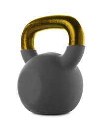 Image of One kettlebell with golden metal handle isolated on white