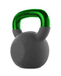 Image of One kettlebell with green metal handle isolated on white