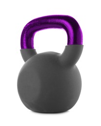 Image of One kettlebell with purple metal handle isolated on white