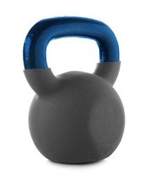 Image of One kettlebell with blue metal handle isolated on white