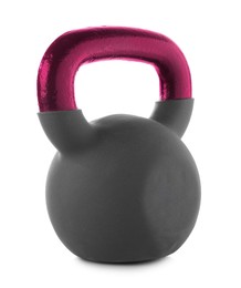 Image of One kettlebell with crimson metal handle isolated on white