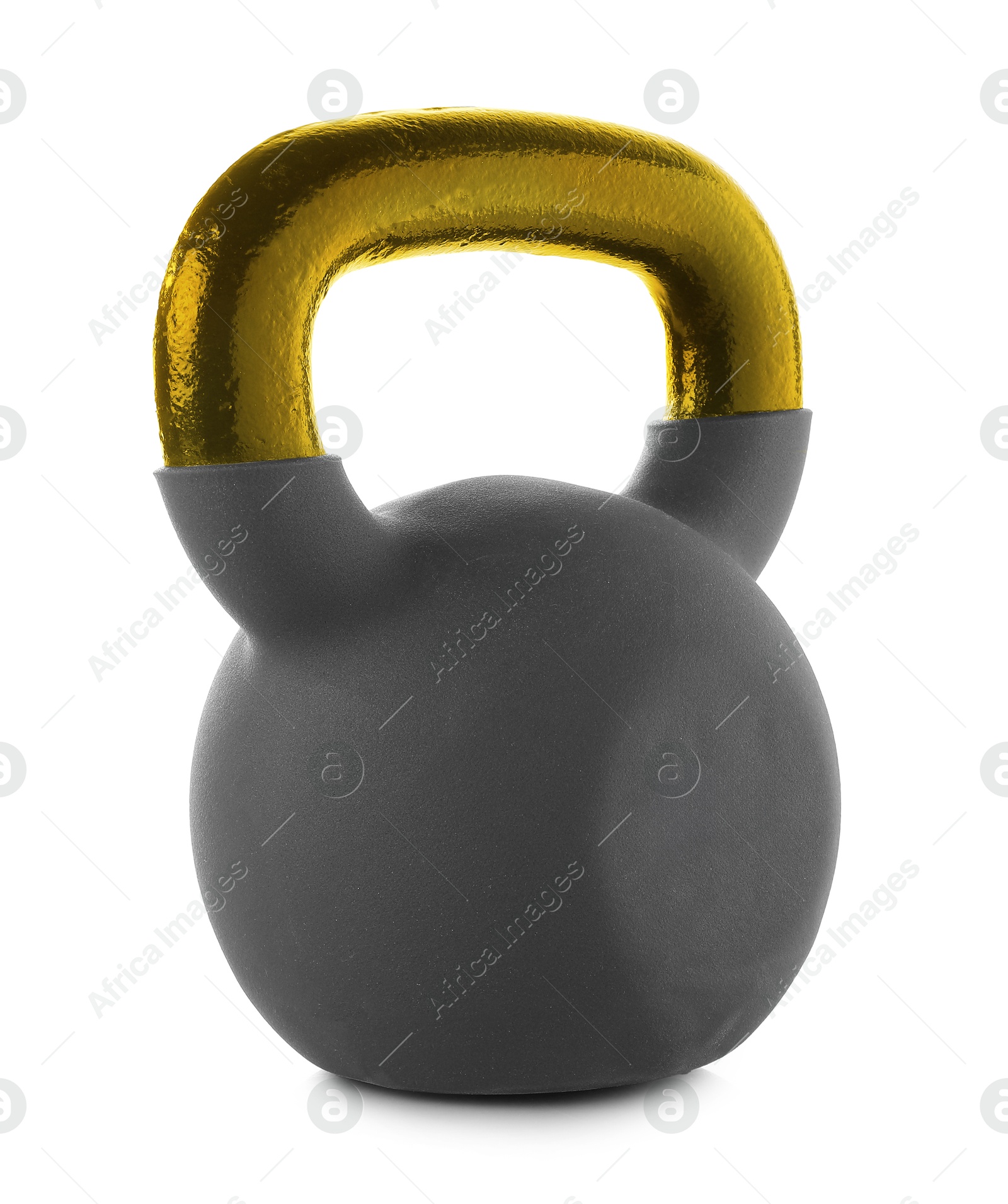 Image of One kettlebell with golden metal handle isolated on white