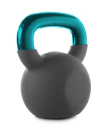 Image of One kettlebell with teal metal handle isolated on white