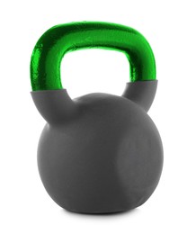 Image of One kettlebell with green metal handle isolated on white