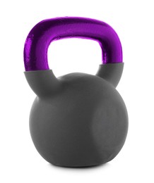 Image of One kettlebell with purple metal handle isolated on white