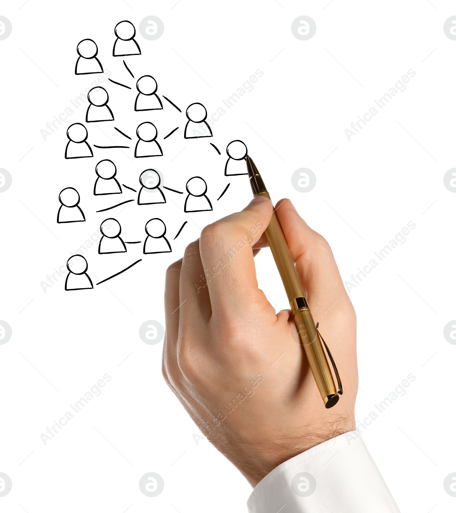 Image of Man drawing family tree on white background. Scheme with human figures