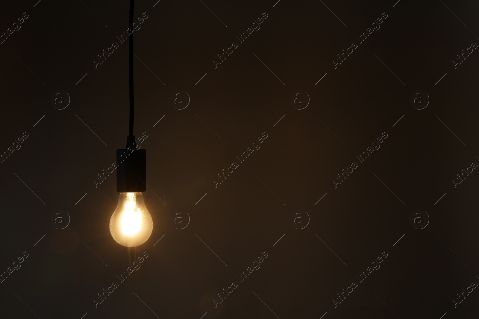 Photo of Glowing light bulb hanging on dark background. Space for text