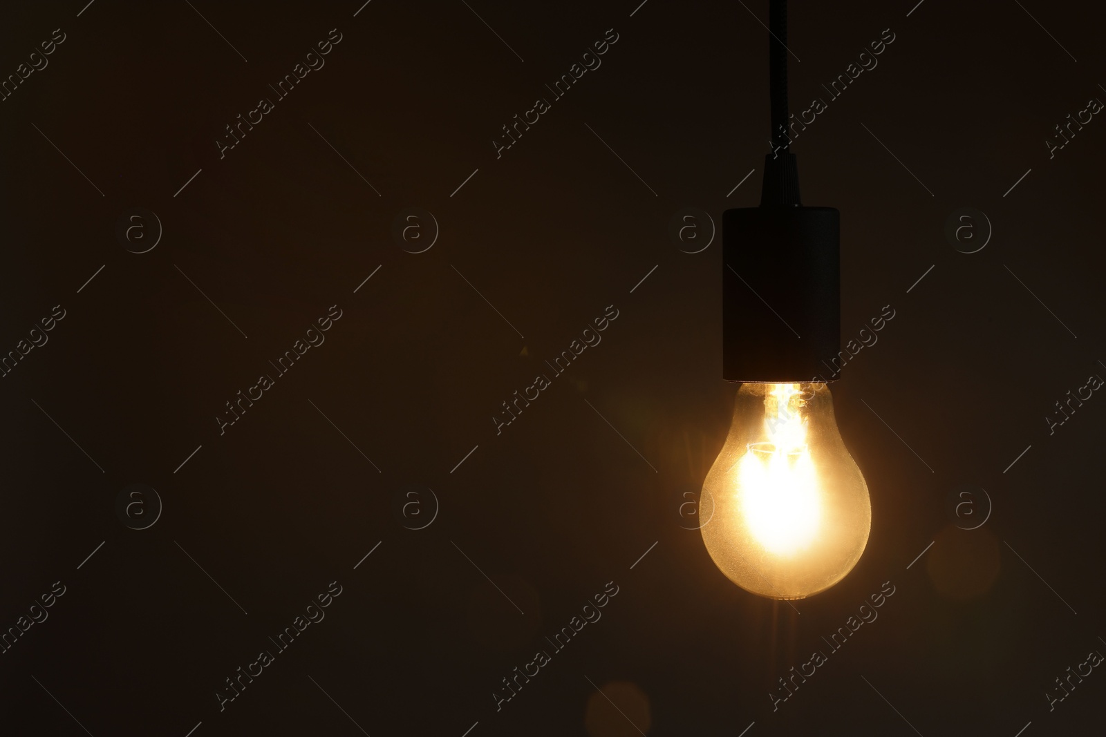 Photo of Glowing light bulb hanging on dark background. Space for text