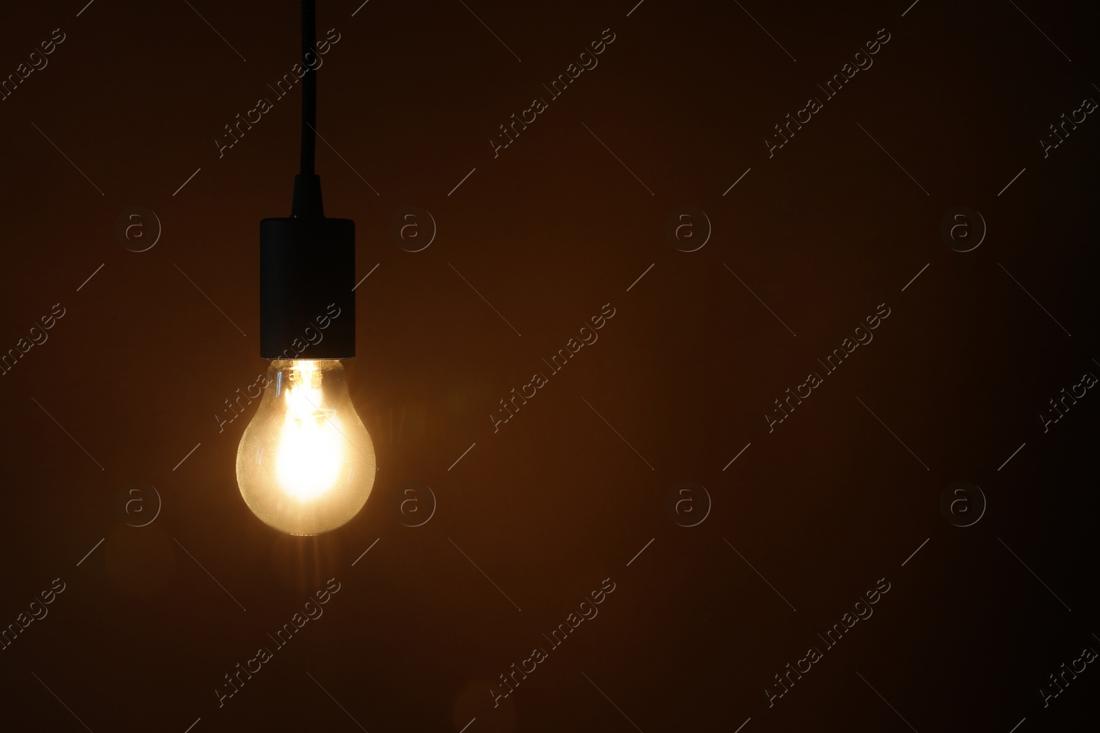 Photo of Glowing light bulb hanging on dark background. Space for text