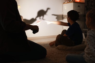 Photo of Father performing shadow play with toy dinosaur to his kids at home, closeup