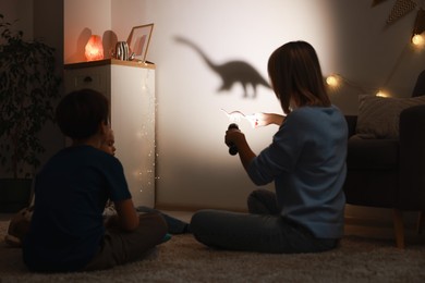 Photo of Mother performing shadow play with toy dinosaur to her kids at home