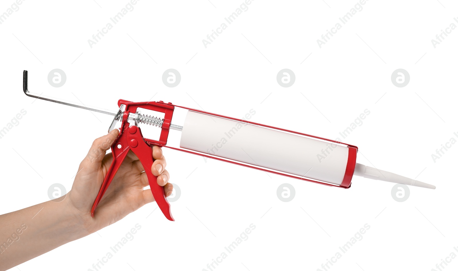 Photo of Woman with glue gun on white background, closeup