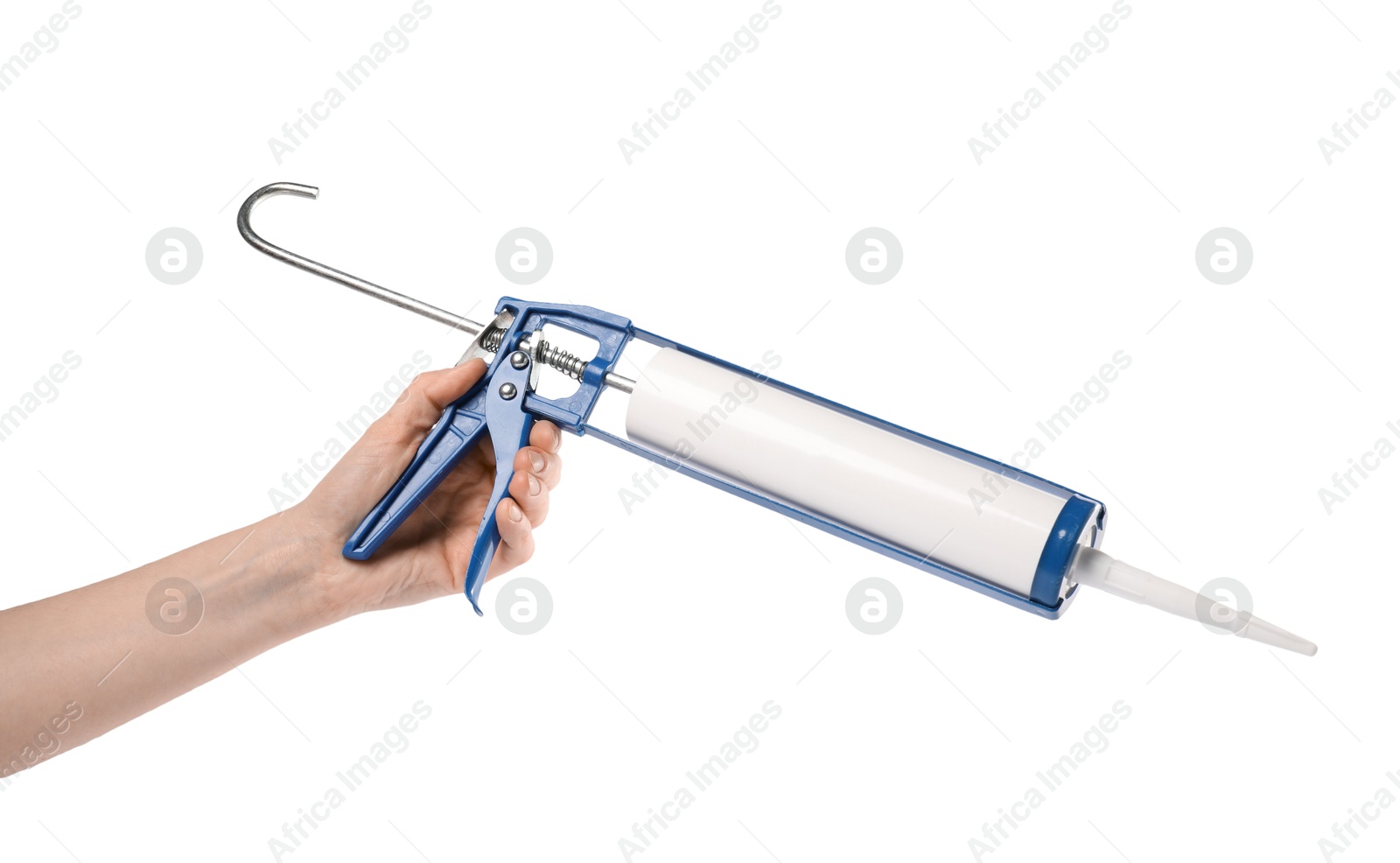 Photo of Woman with glue gun on white background, closeup