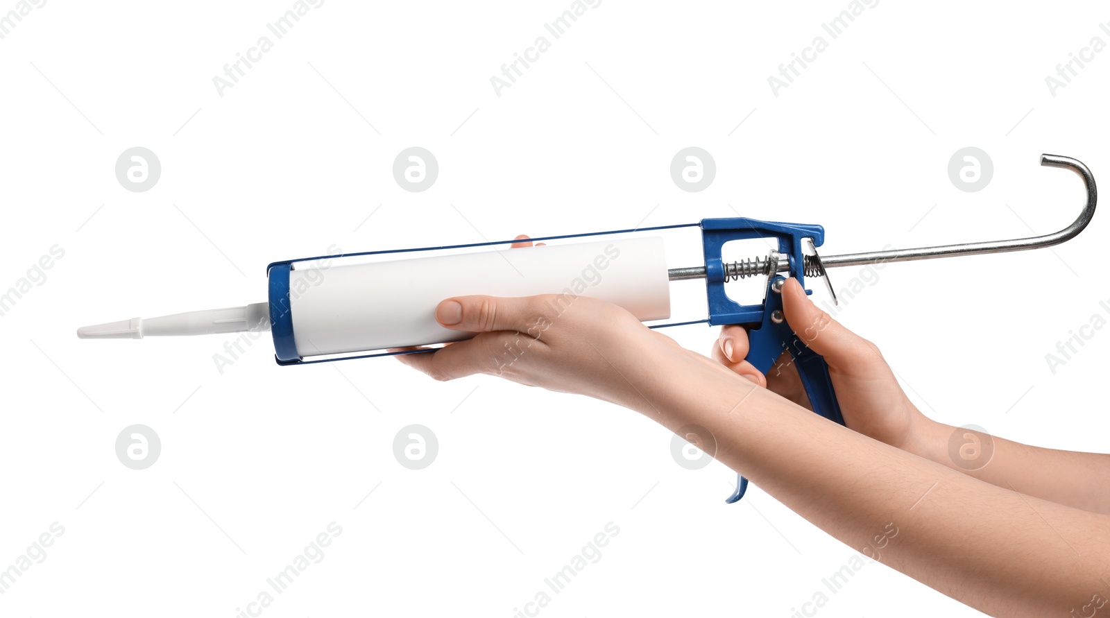 Photo of Woman with glue gun on white background, closeup