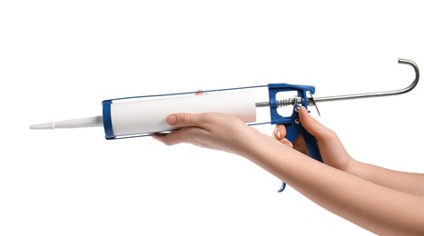 Woman with glue gun on white background, closeup