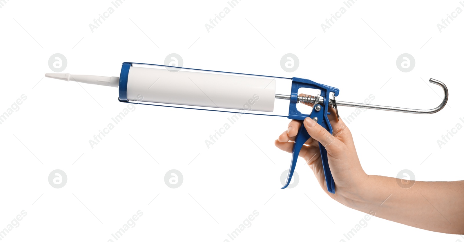 Photo of Woman with glue gun on white background, closeup