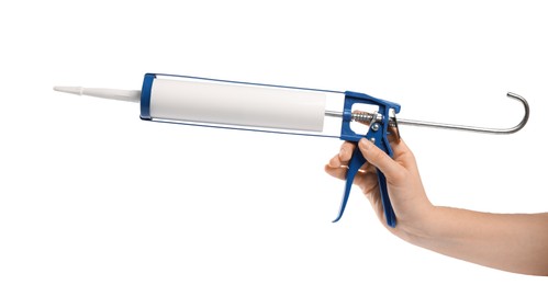 Woman with glue gun on white background, closeup