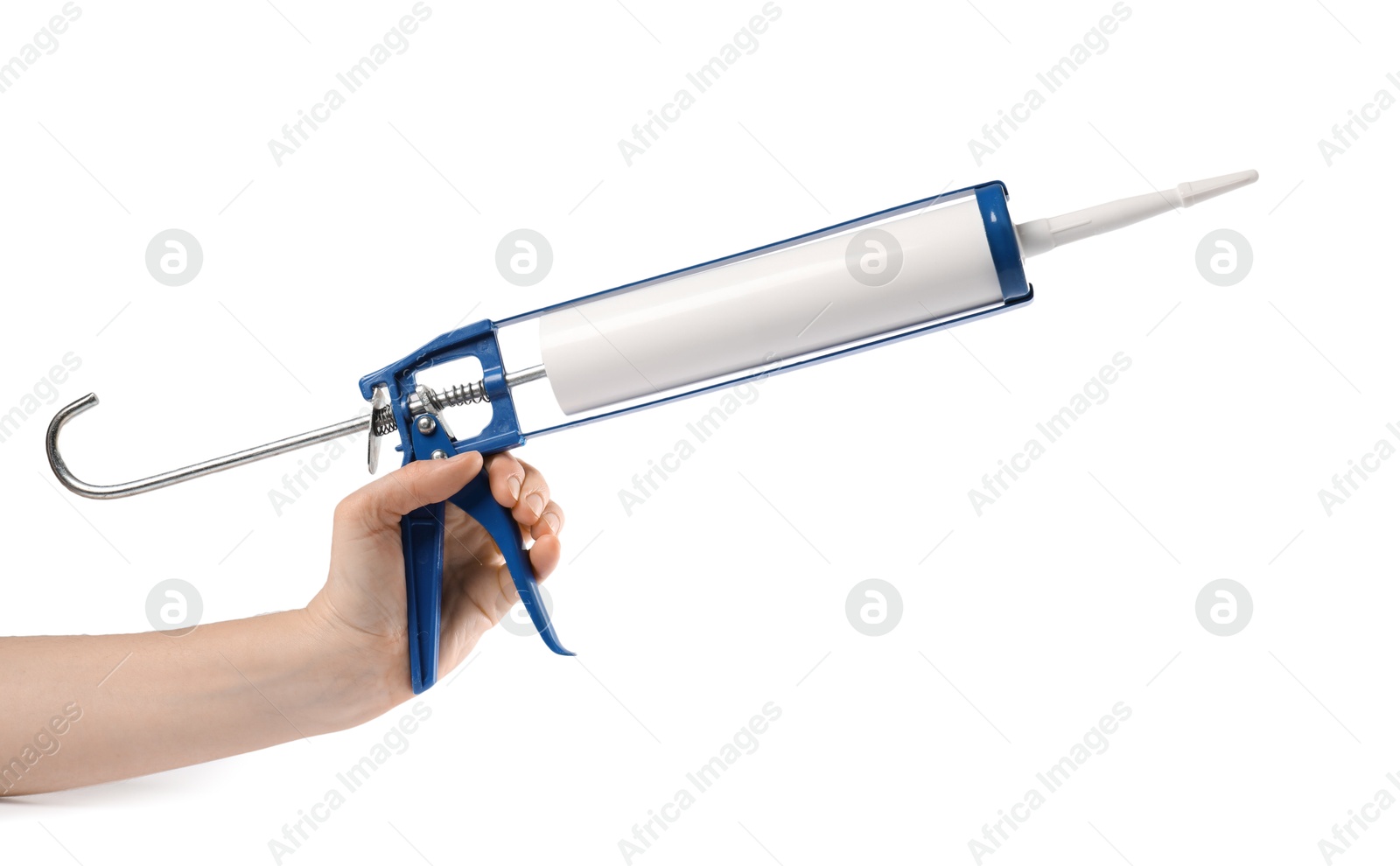 Photo of Woman with glue gun on white background, closeup