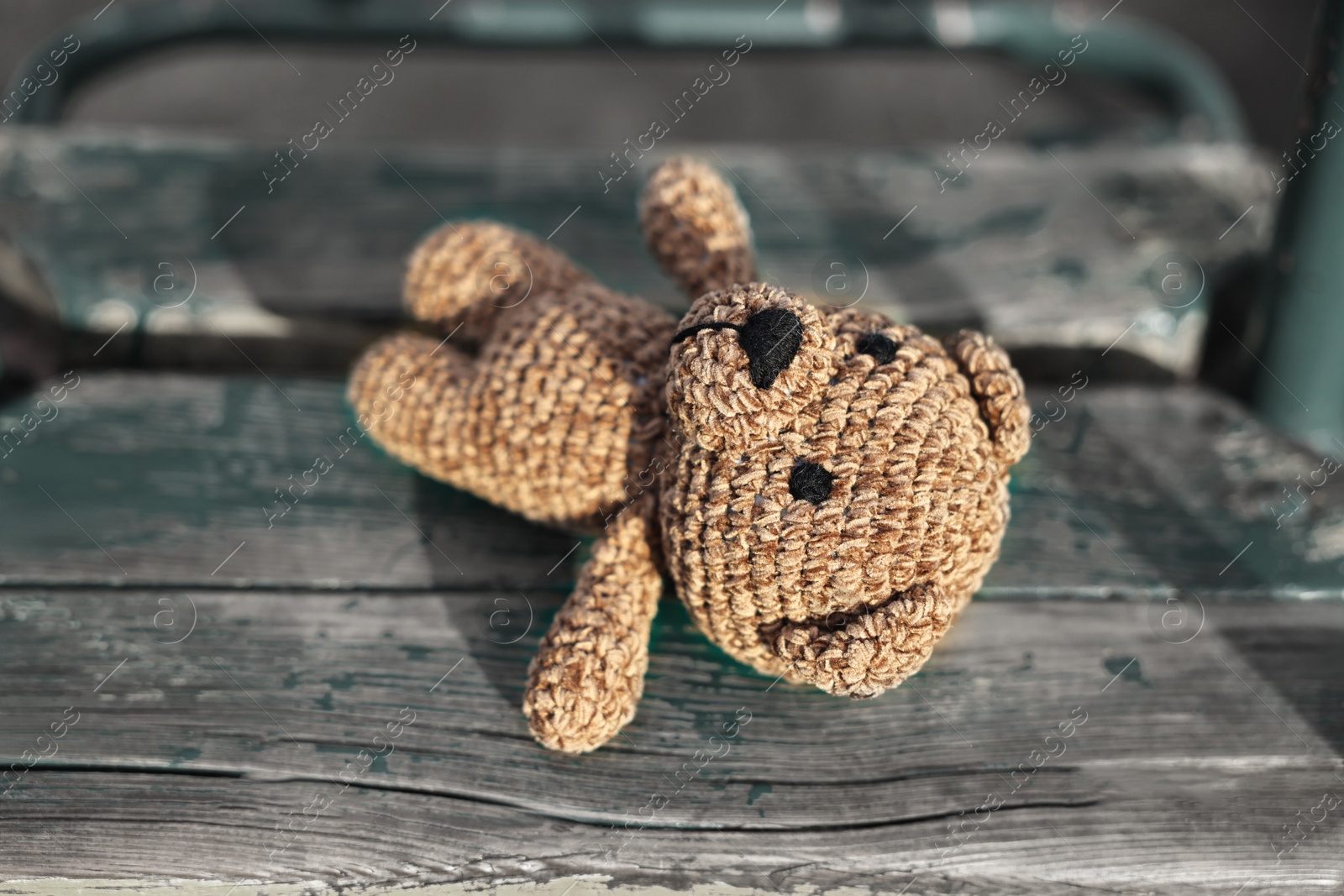 Photo of Lost knitted bear on swing outdoors, closeup