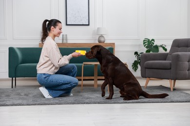 Photo of Woman with feeding bowl giving dry pet food to her dog indoors