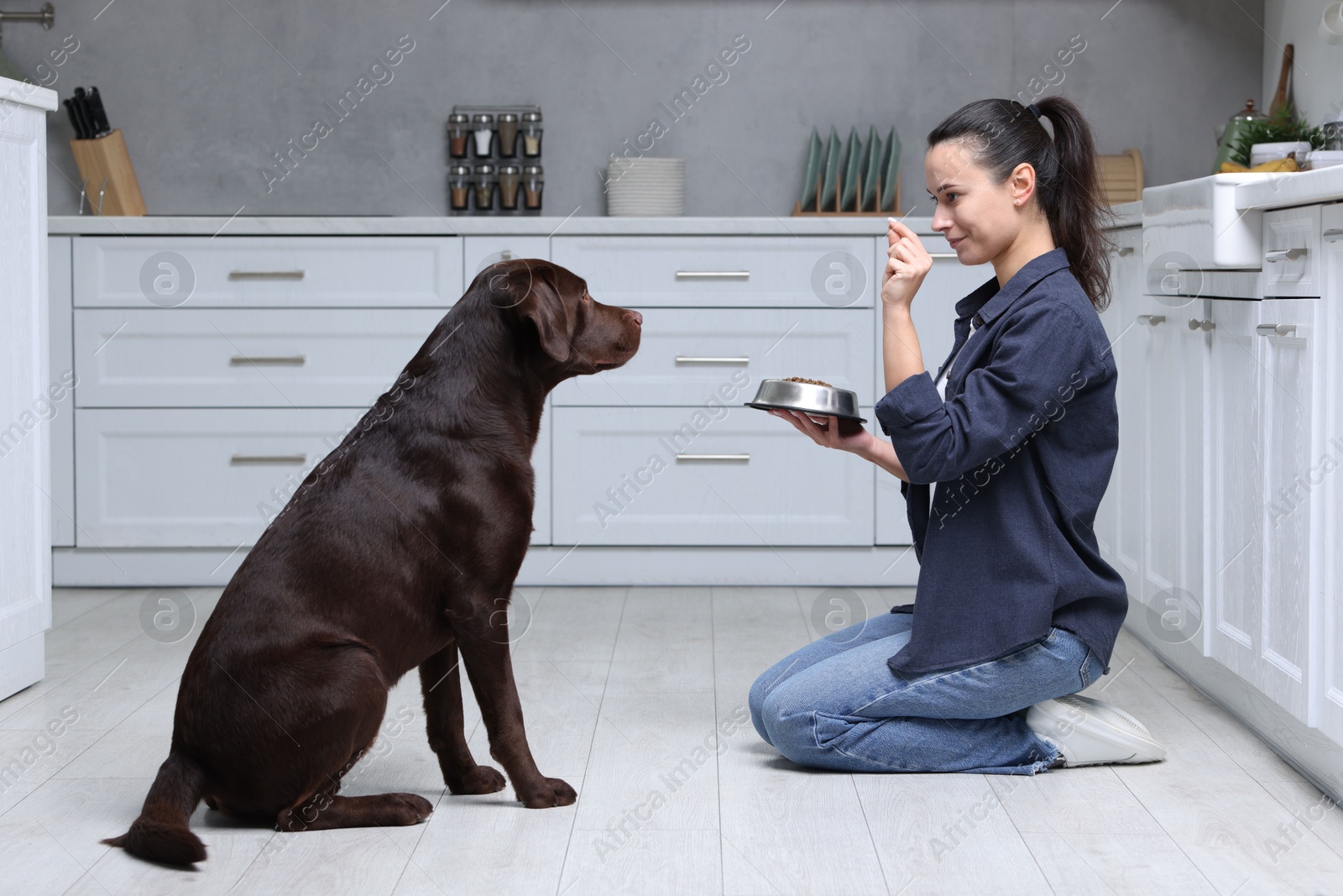 Photo of Woman with feeding bowl giving dry pet food to her dog indoors