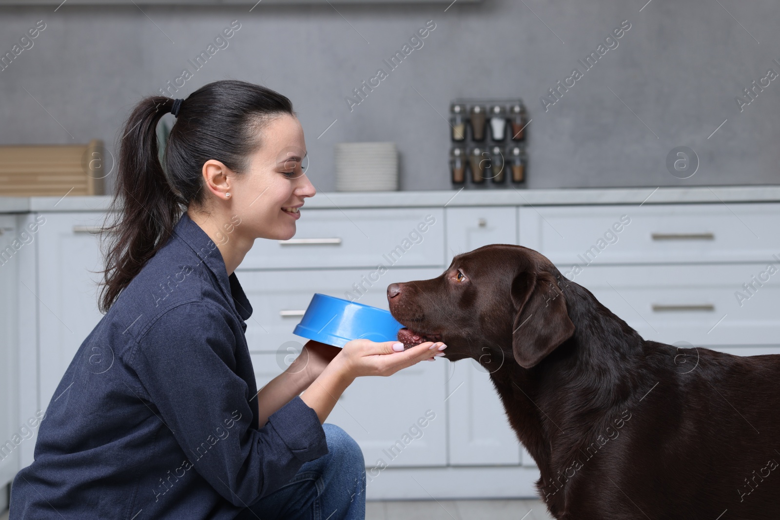 Photo of Woman with feeding bowl giving dry pet food to her dog indoors