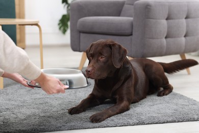 Photo of Woman giving bowl with dry pet food to her dog indoors, closeup