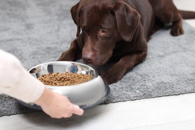 Photo of Woman giving bowl with dry pet food to her dog indoors, closeup