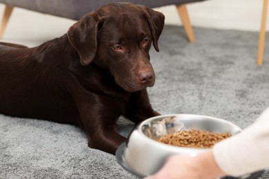 Photo of Woman giving bowl with dry pet food to her dog indoors, closeup