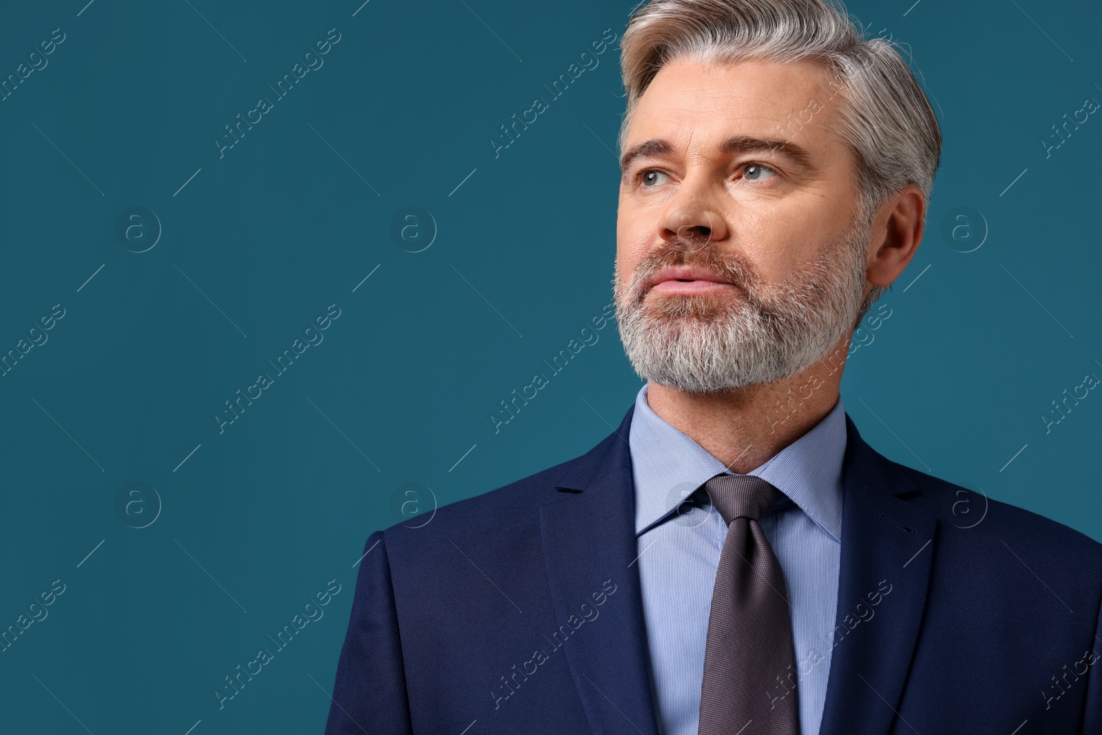 Photo of Banker in jacket on blue background, space for text