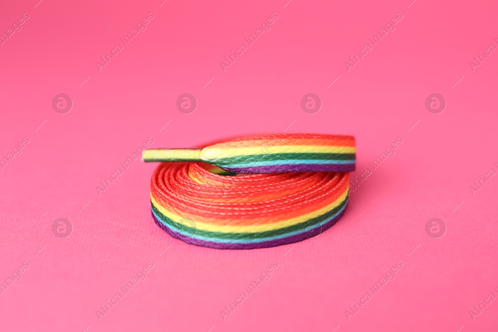 Photo of Shoelace in LGBT colors on pink background, closeup