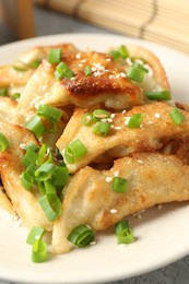 Photo of Tasty fried gyoza (dumplings) on table, closeup