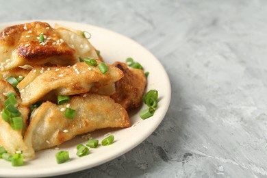 Photo of Tasty fried gyoza (dumplings) on light grey table, closeup. Space for text