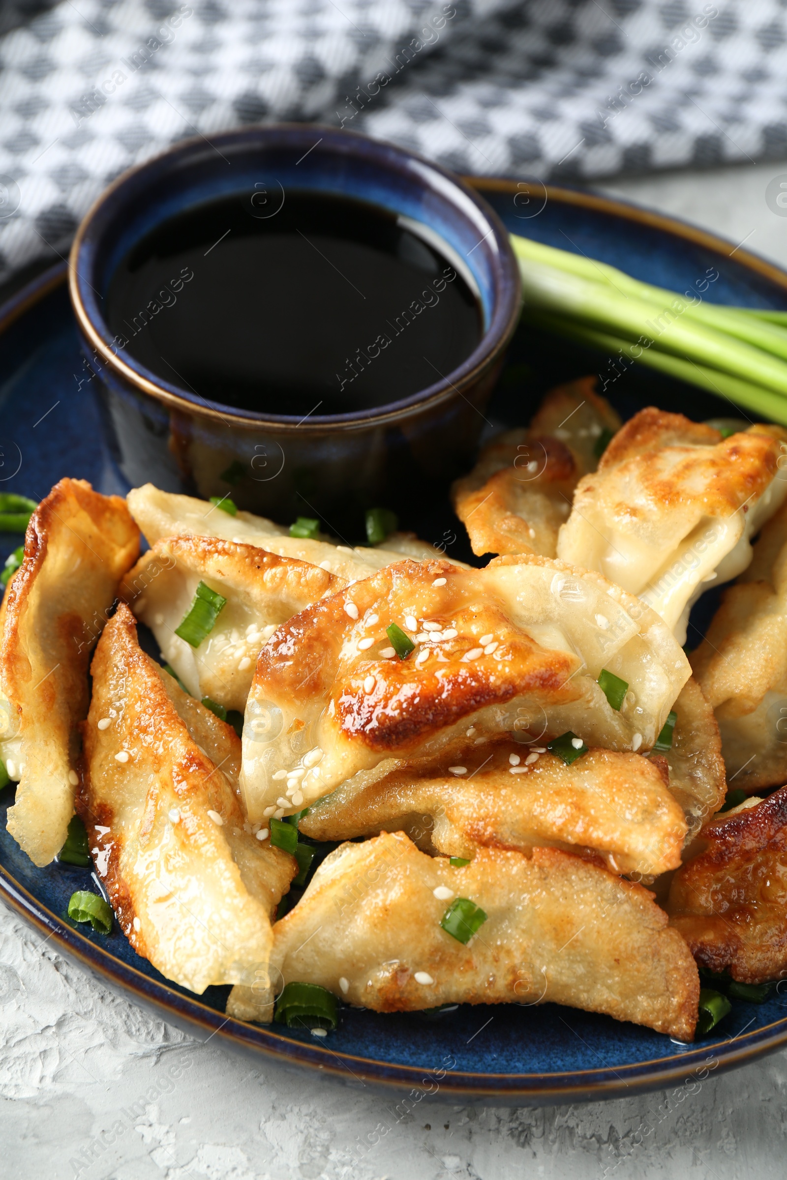 Photo of Tasty fried gyoza (dumplings) and soy sauce on light grey table, closeup