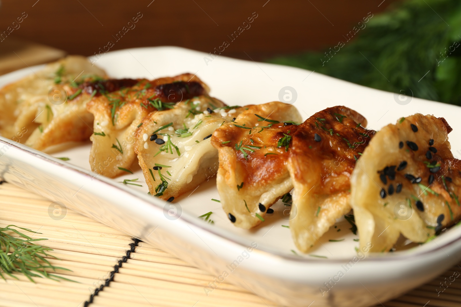 Photo of Tasty fried gyoza (dumplings) on bamboo mat, closeup