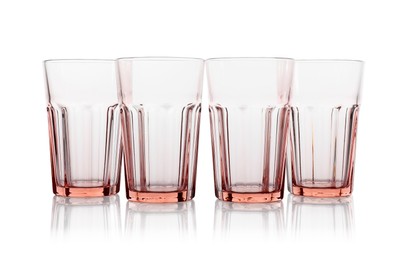 Photo of Many empty clean glasses isolated on white