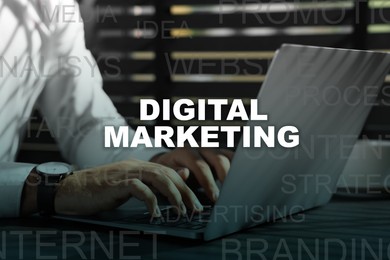 Image of Digital marketing. Businessman using laptop at table and words, closeup