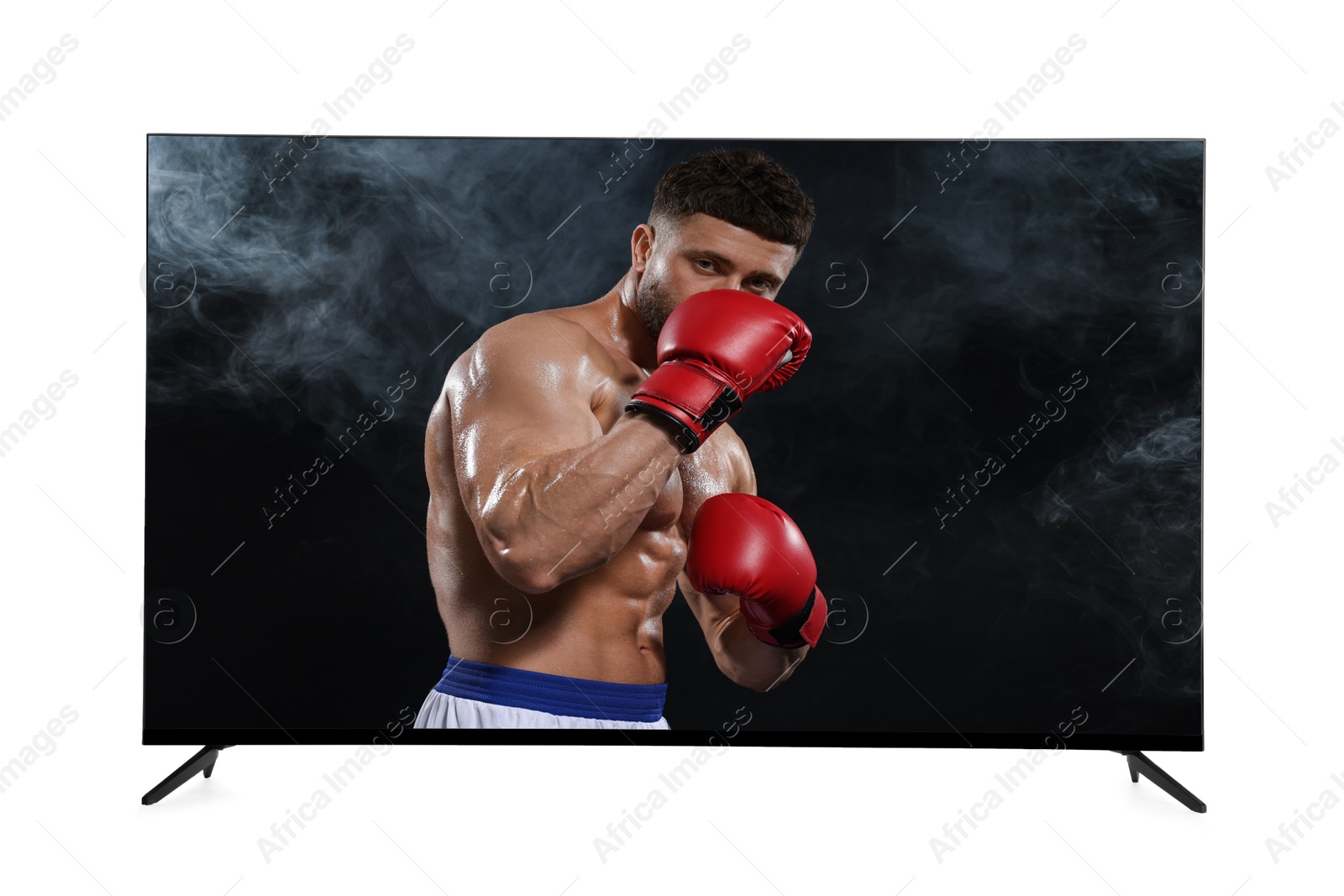 Image of TV set showing boxing fight, isolated on white