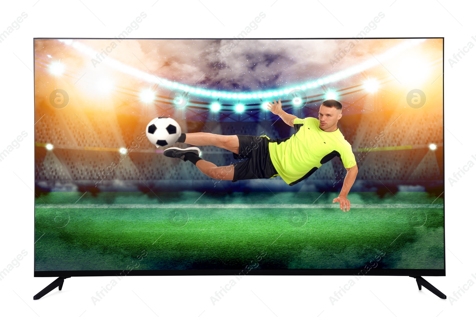 Image of TV set showing soccer game, isolated on white