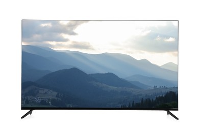 Image of TV set with mountain landscape on screen isolated on white