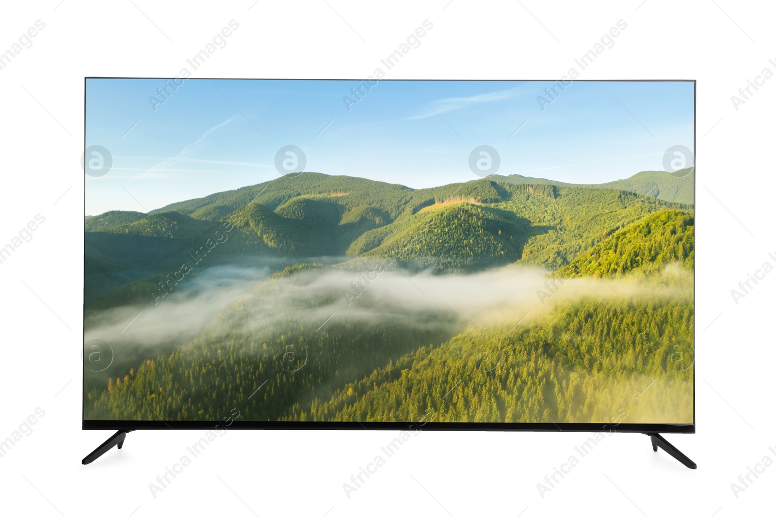 Image of TV set with mountain landscape on screen isolated on white