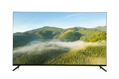 Image of TV set with mountain landscape on screen isolated on white