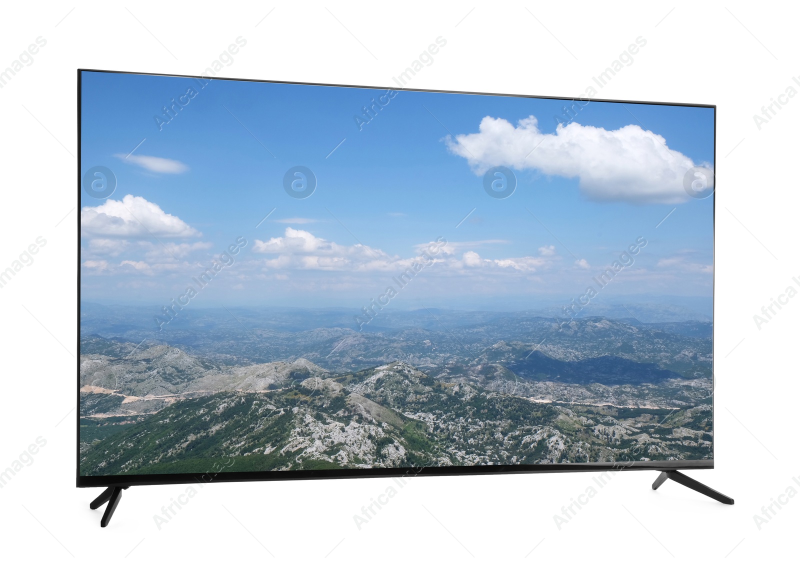 Image of TV set with mountain landscape on screen isolated on white