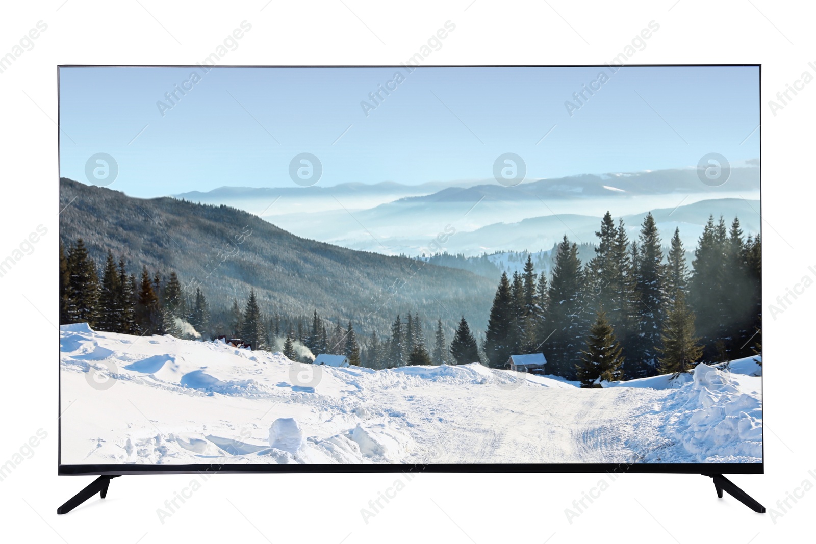 Image of TV set with mountain landscape on screen isolated on white