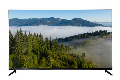 Image of TV set with mountain landscape on screen isolated on white