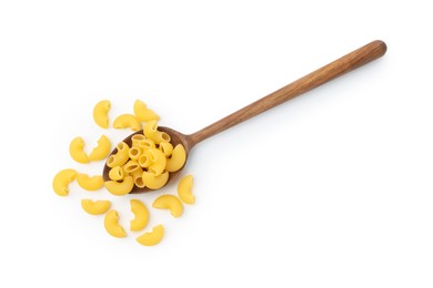 Photo of Raw horns pasta in spoon isolated on white, top view